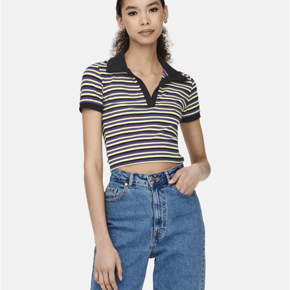 NWT Neon & Nylon Striped Crop Polo 🍇